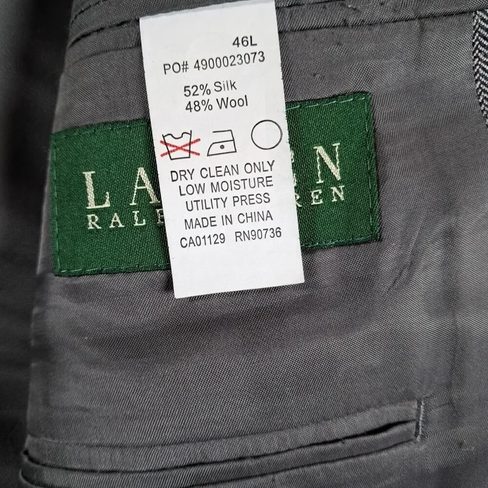 Ralph Lauren Silk Wool 2 Button Blazer 46L Blue Gray Herringbone Stripe Pattern